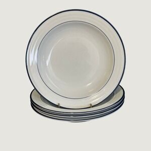 Four Crate & Barrel SPAL Porcelain Roulette Blue Trim 9" Soup Bowls
